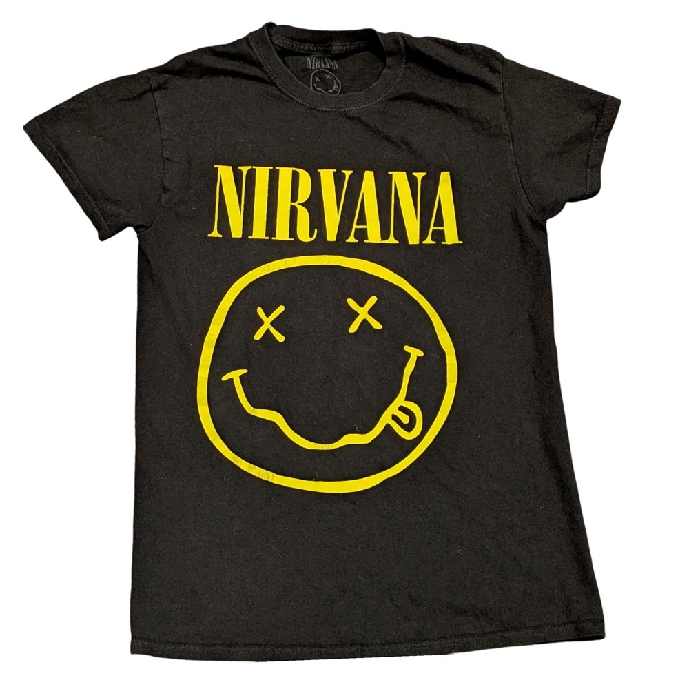 NIRVANA Smiley Face Graphic Band T-Shirt Black Yellow Sz SMALL Short Sleeve Tee